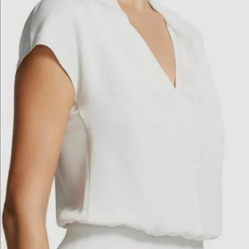 Theory white check mock neck cap sleeve silk drape shirt in large - Picture 2 of 5